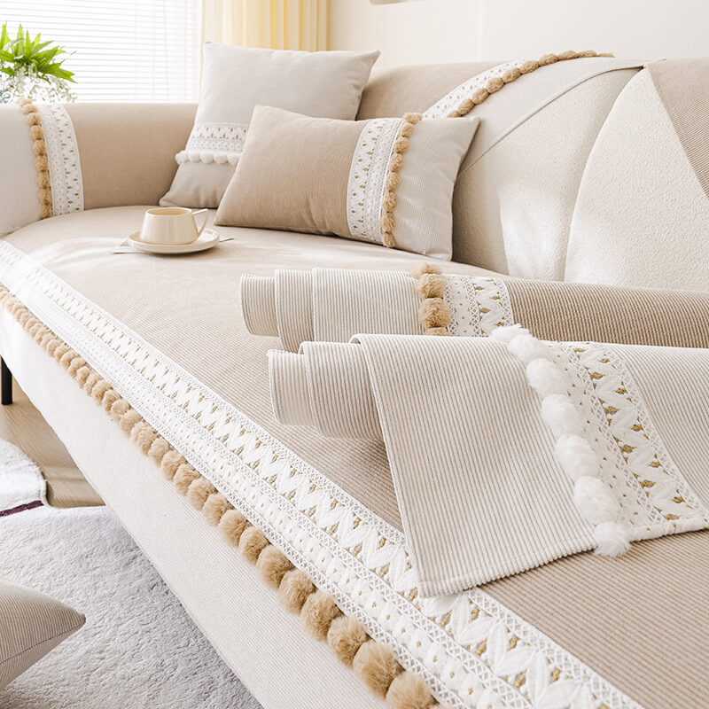 All-Season Waterproof Anti-Scratch Soft Corduroy Couch Cover with Pom-Poms