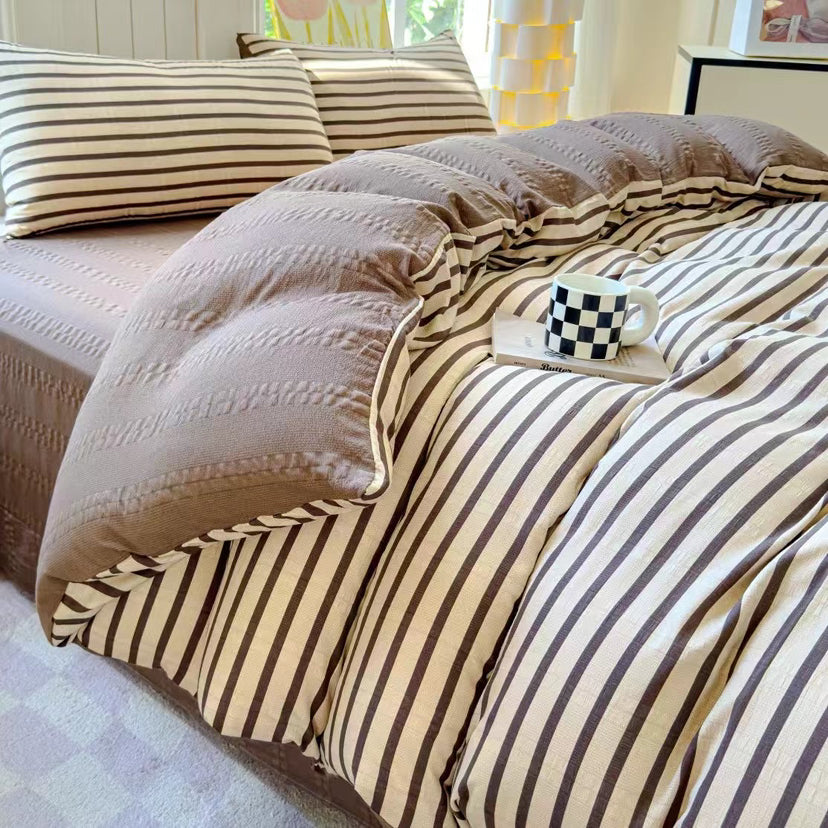 Modern Cozy Style Striped Textured Duvet Cover Bed Sheet Set