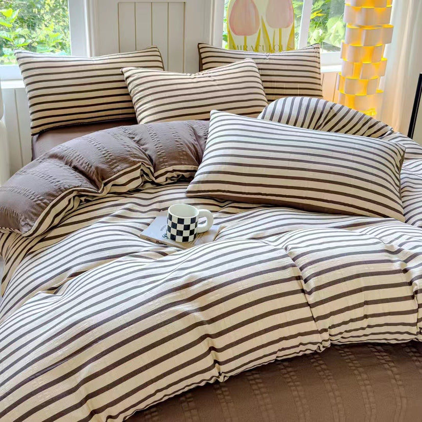 Modern Cozy Style Striped Textured Duvet Cover Bed Sheet Set