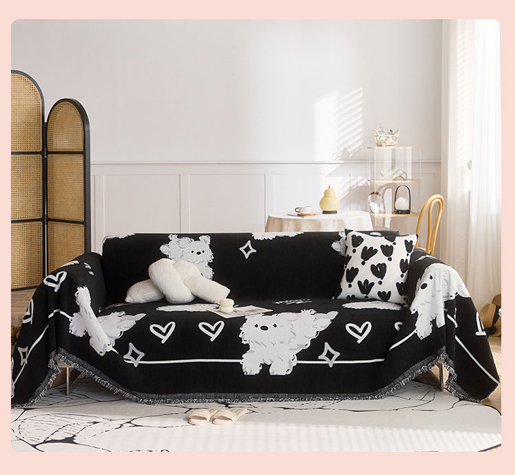 Cute Hand-Drawn Cat Pattern Reversible Chenille Throw Couch Cover