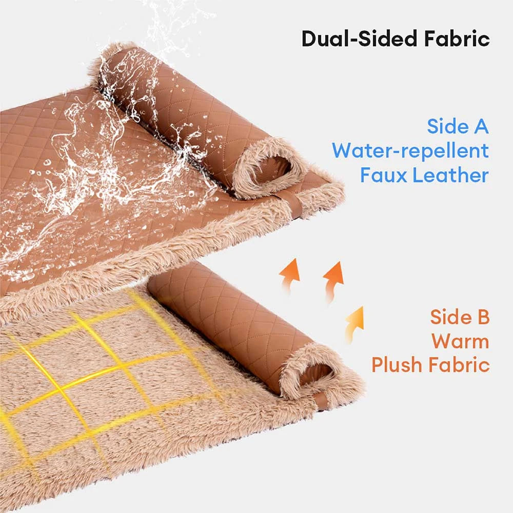 Dual-Sided Faux Leather&Warm Plush Removable Sponge Dog Mat With Pillow