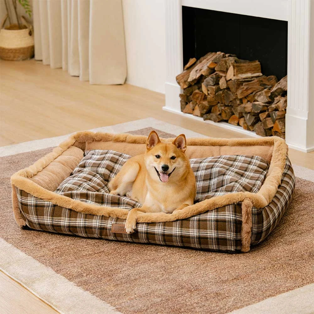 Vintage Checkered Washable Plush Cozy Bolster Dog Bed – TuckNap