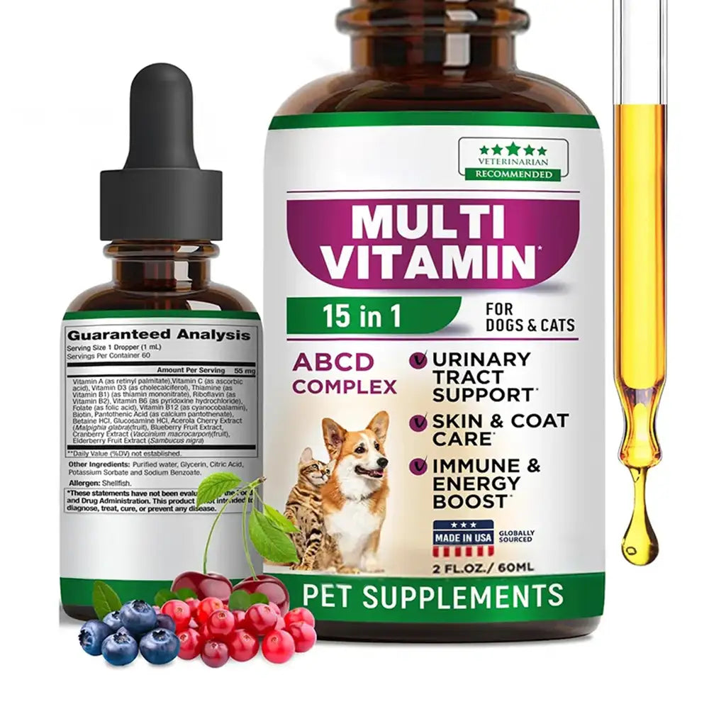 15-in-1 Dog & Cat Multivitamin Drops for UTI, Kidney, Skin, Coat Pet Supplements Support