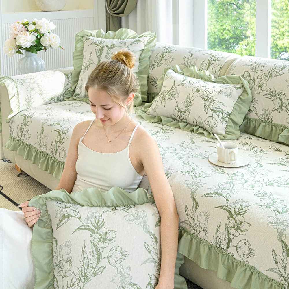 Chenille Floral Ruffle Design Anti-Slip Couch Cover