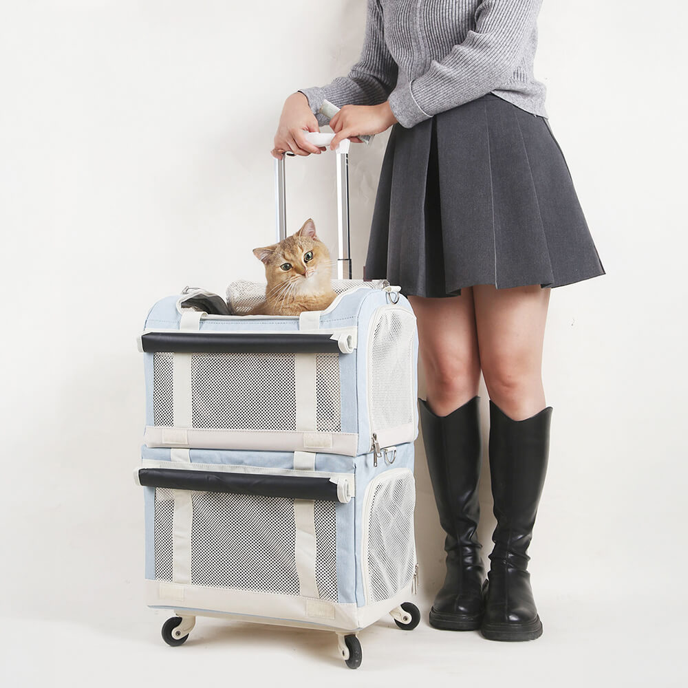 Double-Layer Spacious Multi-Cat Travel Rolling Pet Carrier Bag with Wheels
