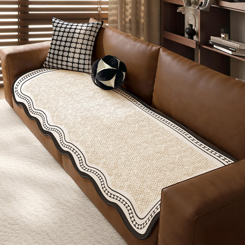 Durable Herringbone Pattern Anti-Slip Couch Cover with Wavy Trim – Pet Scratch Resistant