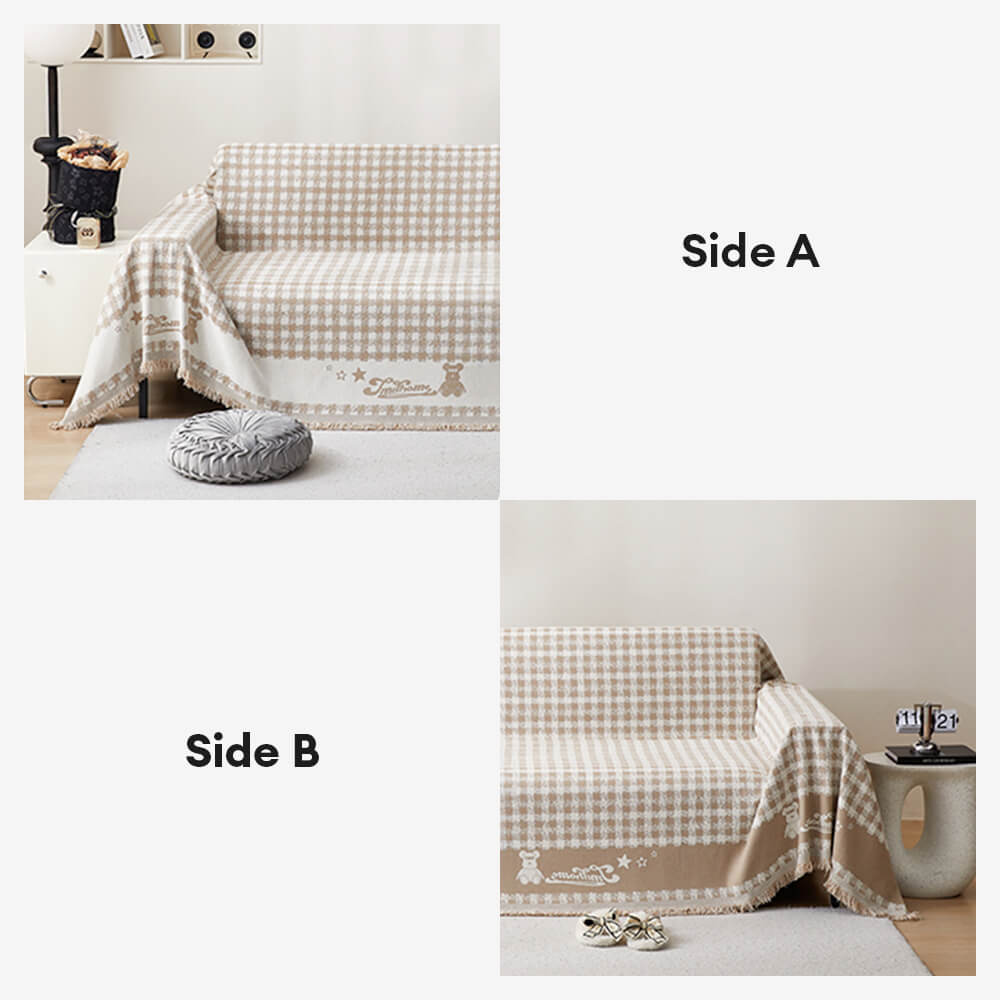 Retro Gingham Pattern Chenille with Decorative Tassels Throw Couch Cover