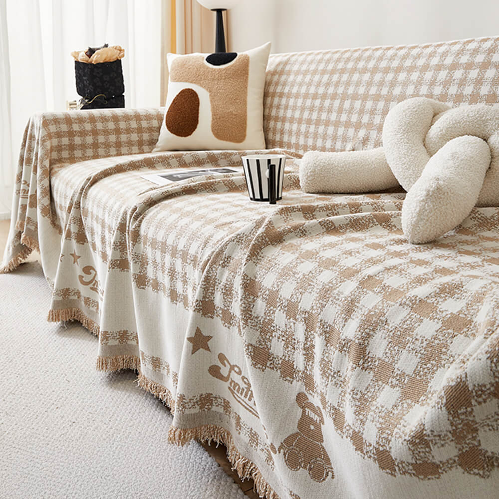 Retro Gingham Pattern Chenille with Decorative Tassels Throw Couch Cover