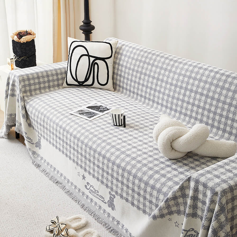 Retro Gingham Pattern Chenille with Decorative Tassels Throw Couch Cover