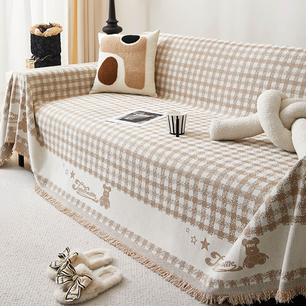Retro Gingham Pattern Chenille with Decorative Tassels Throw Couch Cover