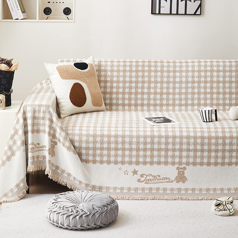 Retro Gingham Pattern Chenille with Decorative Tassels Throw Couch Cover