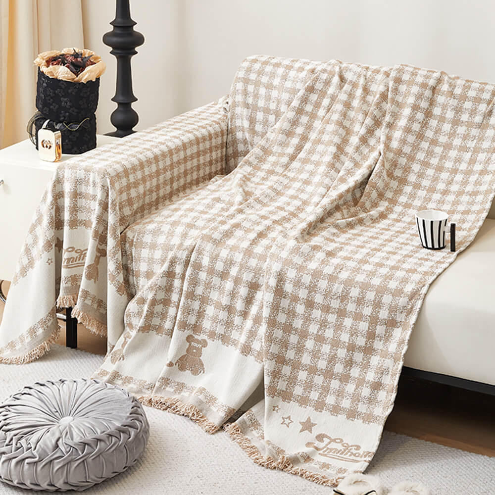 Retro Gingham Pattern Chenille with Decorative Tassels Throw Couch Cover