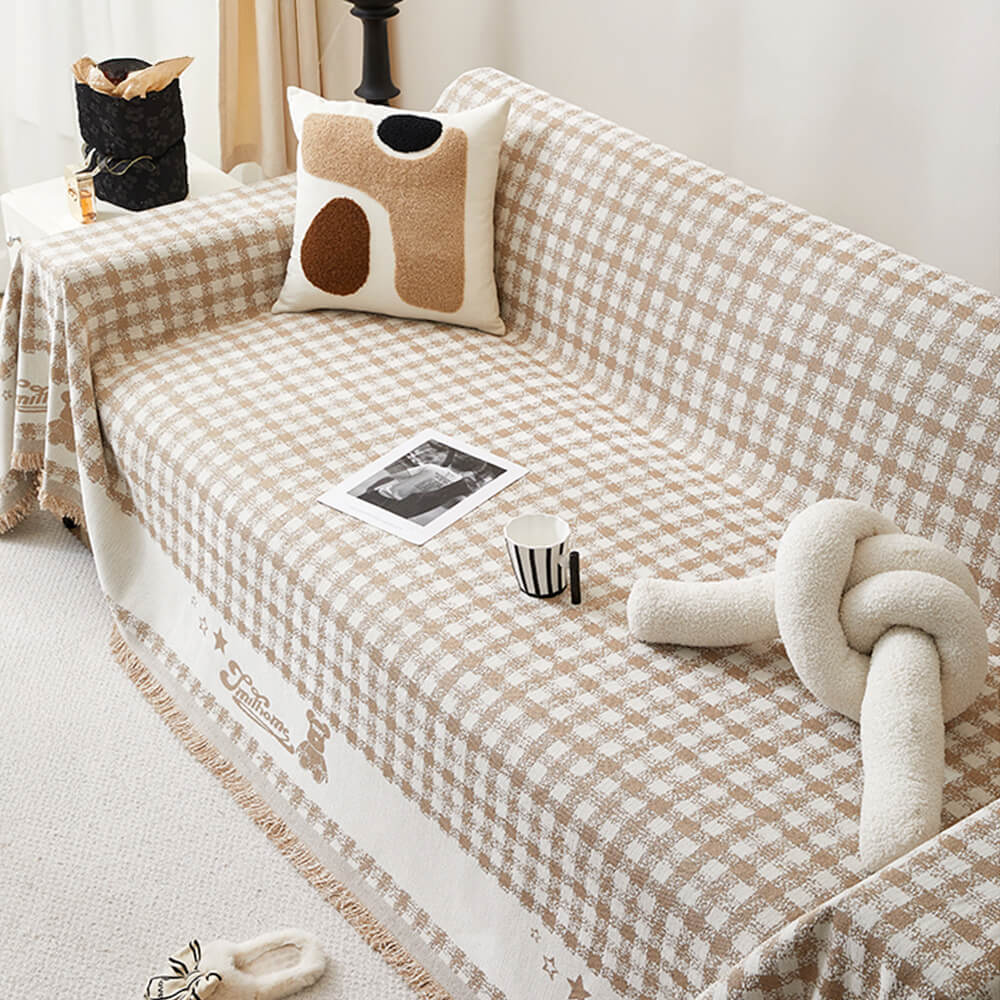 Retro Gingham Pattern Chenille with Decorative Tassels Throw Couch Cover
