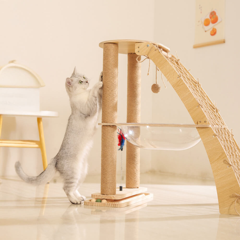 Solid Wood Cat Scratching Post with Space Capsule and Climbing Net