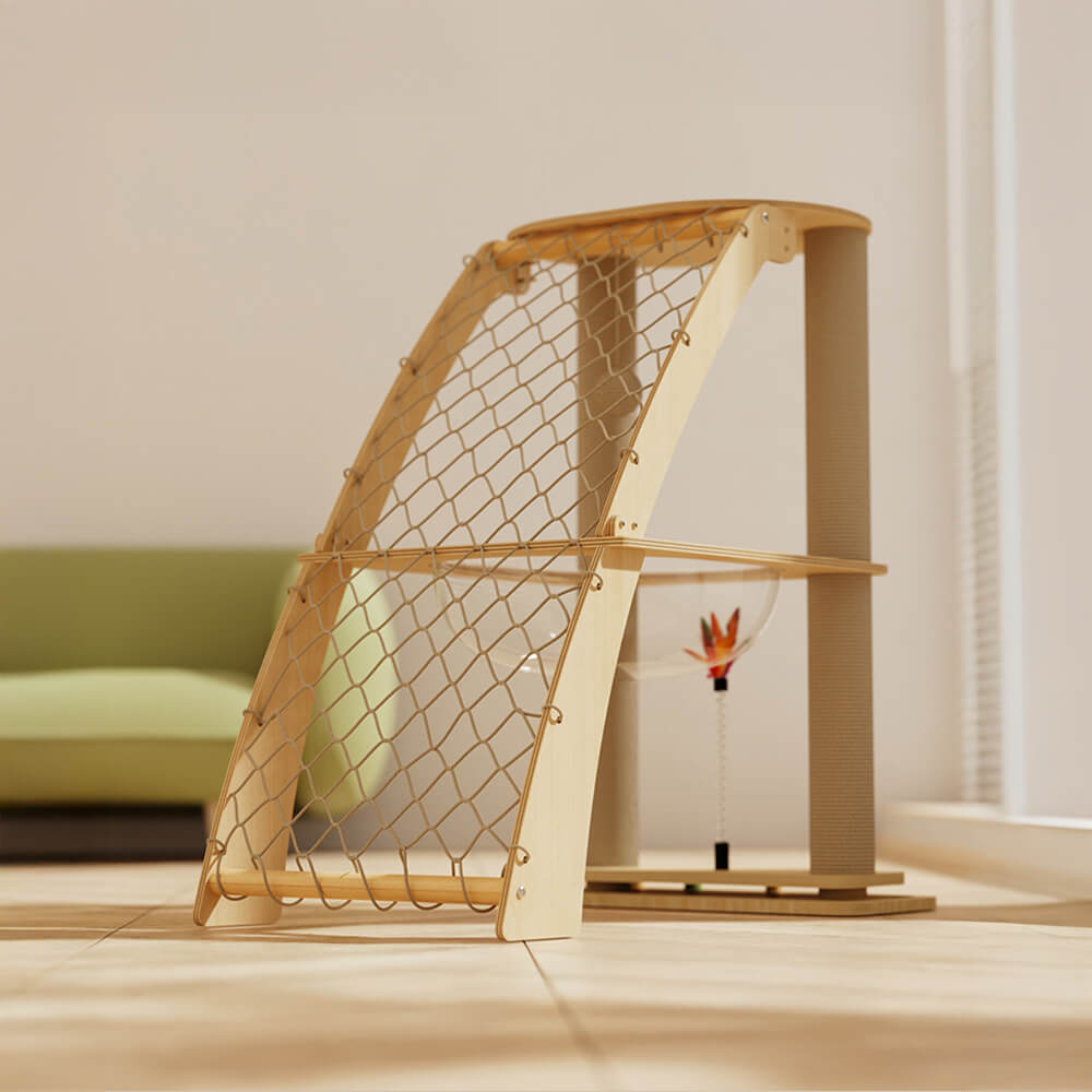 Solid Wood Cat Scratching Post with Space Capsule and Climbing Net