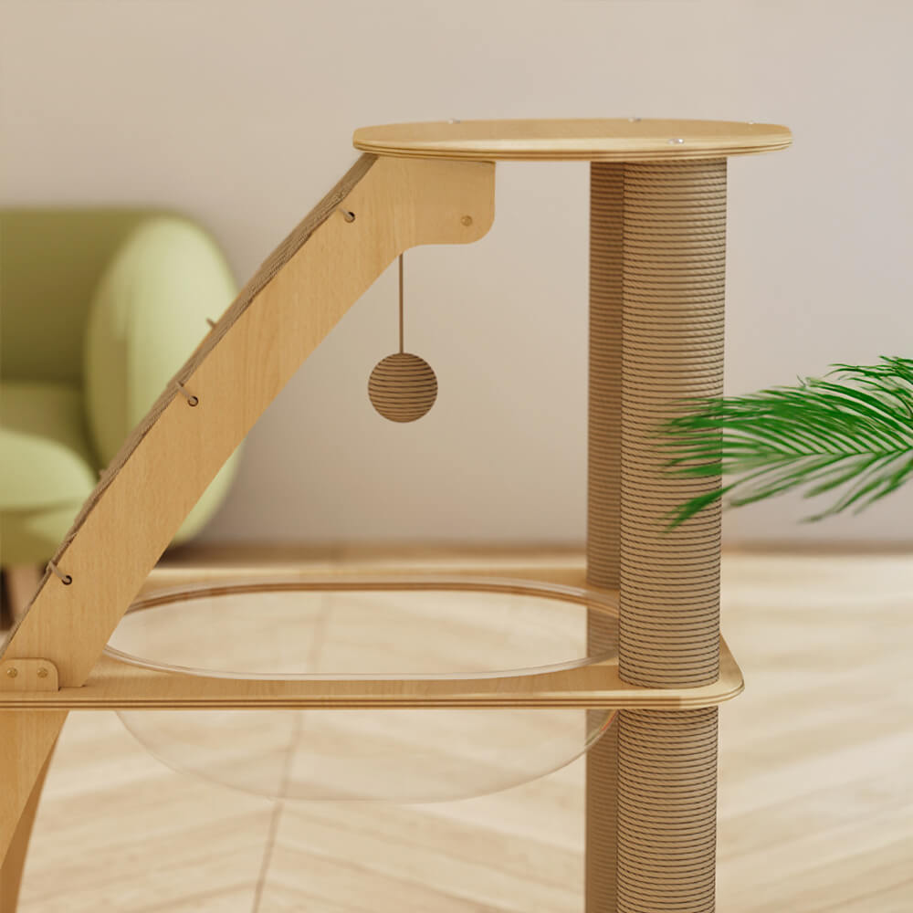 Solid Wood Cat Scratching Post with Space Capsule and Climbing Net