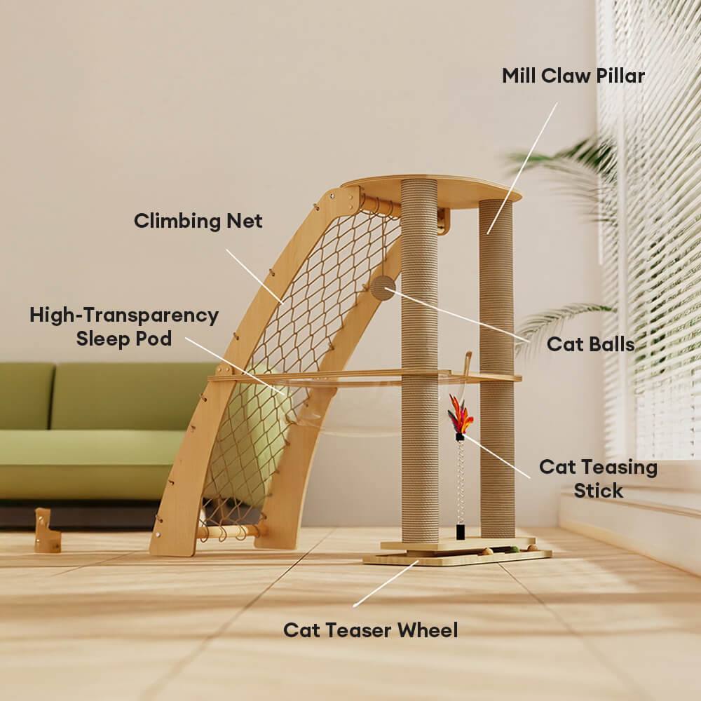Solid Wood Cat Scratching Post with Space Capsule and Climbing Net