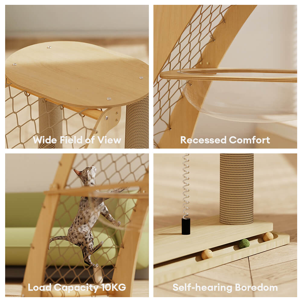 Solid Wood Cat Scratching Post with Space Capsule and Climbing Net