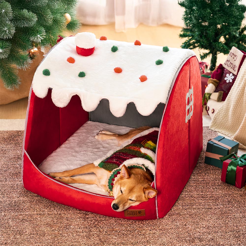 Cama de perros ortopédico festivo de la casa de nieve - Calidez de Navidad