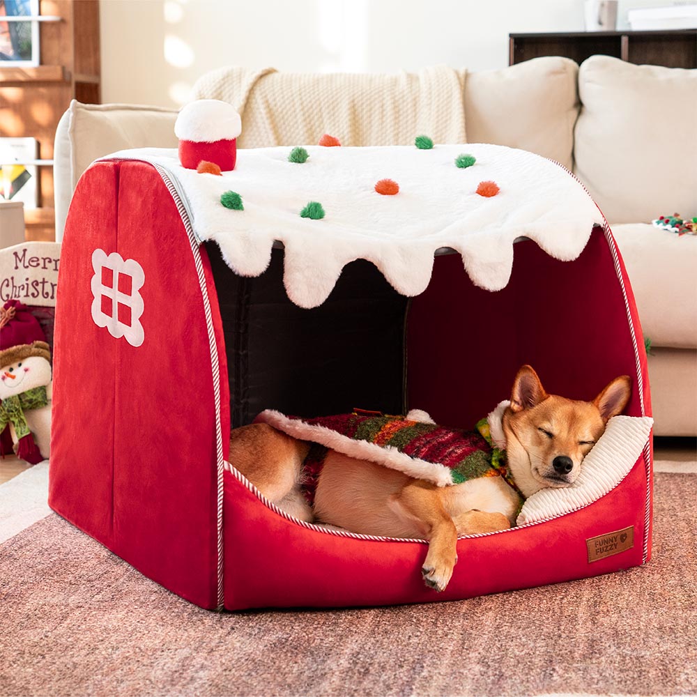 Cama de perros ortopédico festivo de la casa de nieve - Calidez de Navidad
