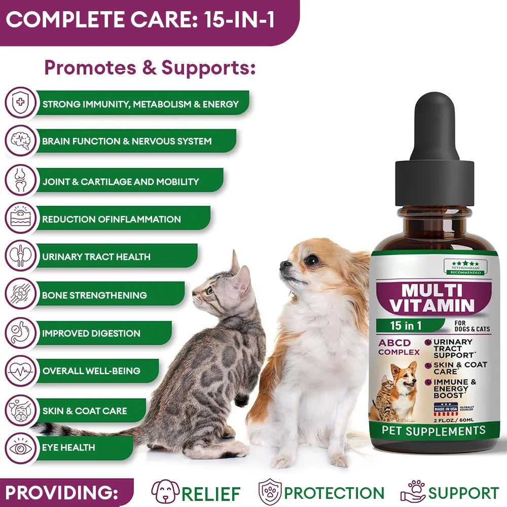 15-in-1 Dog & Cat Multivitamin Drops for UTI, Kidney, Skin, Coat Pet Supplements Support