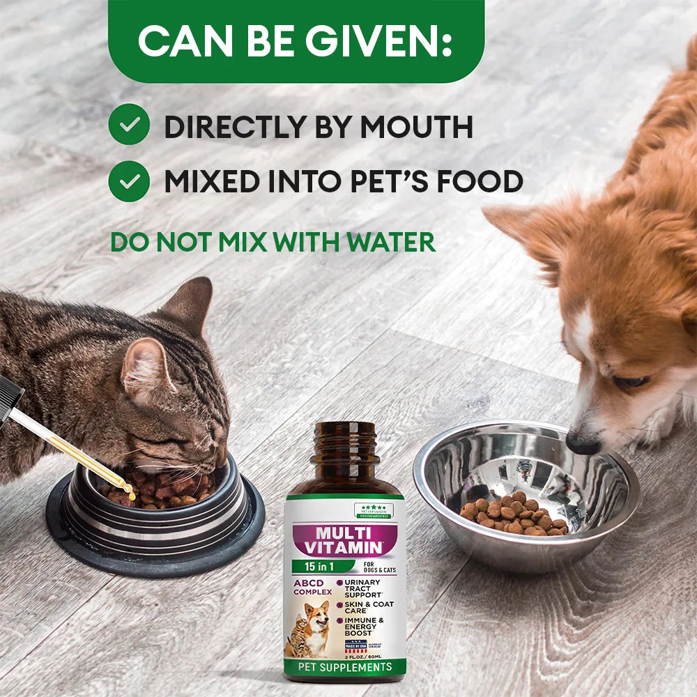 15-in-1 Dog & Cat Multivitamin Drops for UTI, Kidney, Skin, Coat Pet Supplements Support