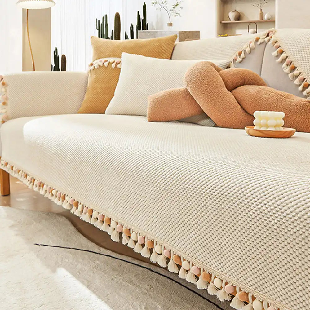 Boho Corduroy Durable Sofa Protector Couch Cover with Tassels