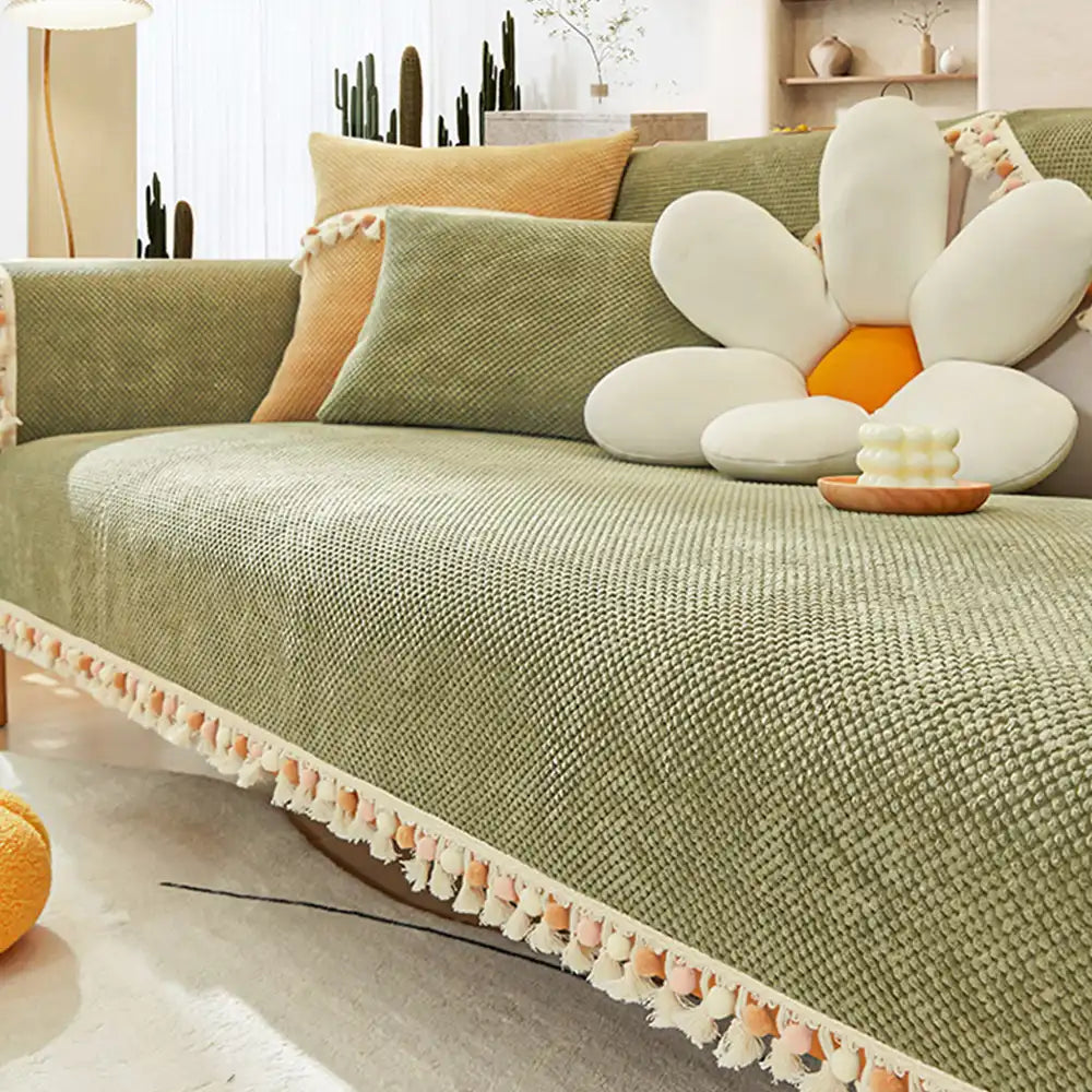 Boho Corduroy Durable Sofa Protector Couch Cover with Tassels