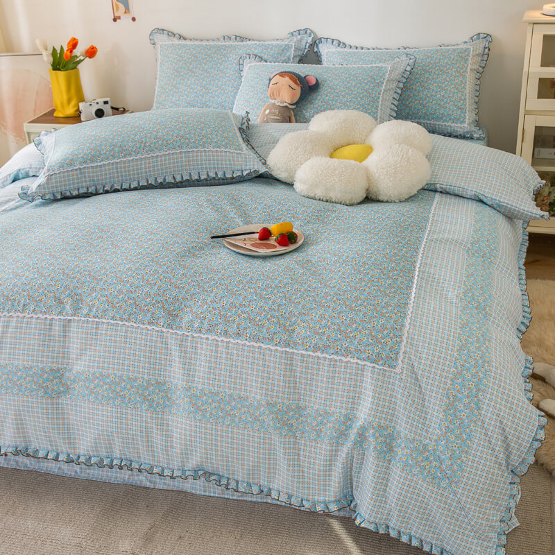 Country Style Plaid Brushed Duvet Cover Bed Sheet Set