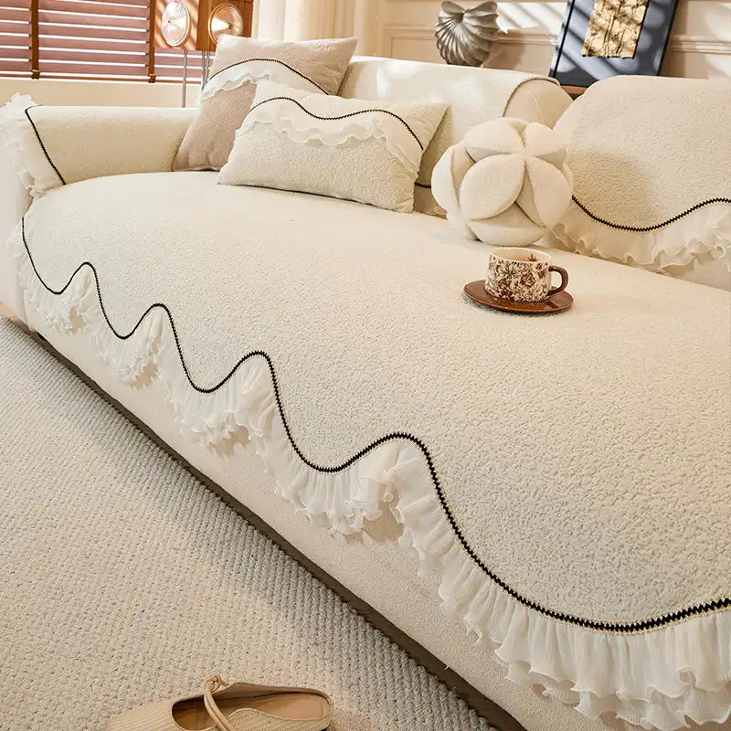 Elegant Soft Chenille Non-Slip Couch Cover with Ruffled Skirt