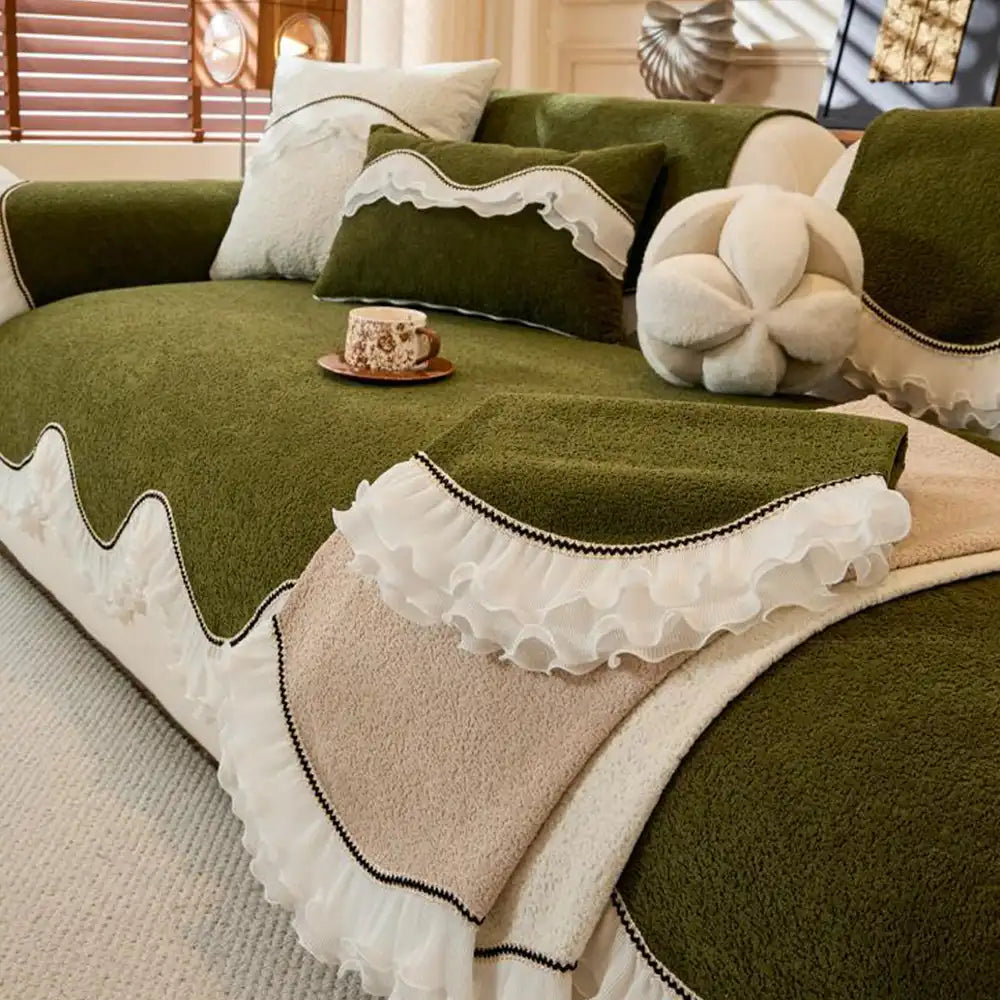 Elegant Soft Chenille Non-Slip Couch Cover with Ruffled Skirt