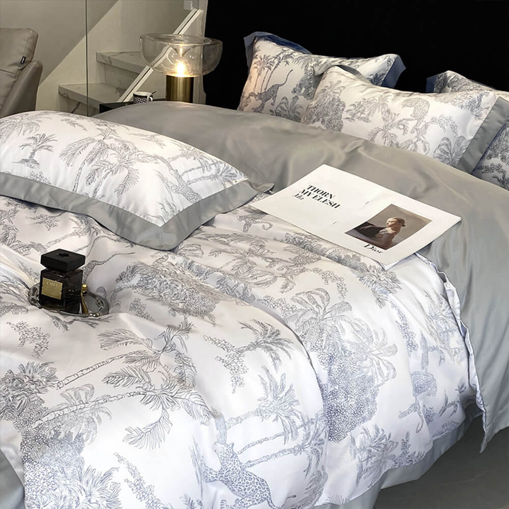 Elegant Toile Print Silky Cooling Duvet Cover Bed Sheet Set