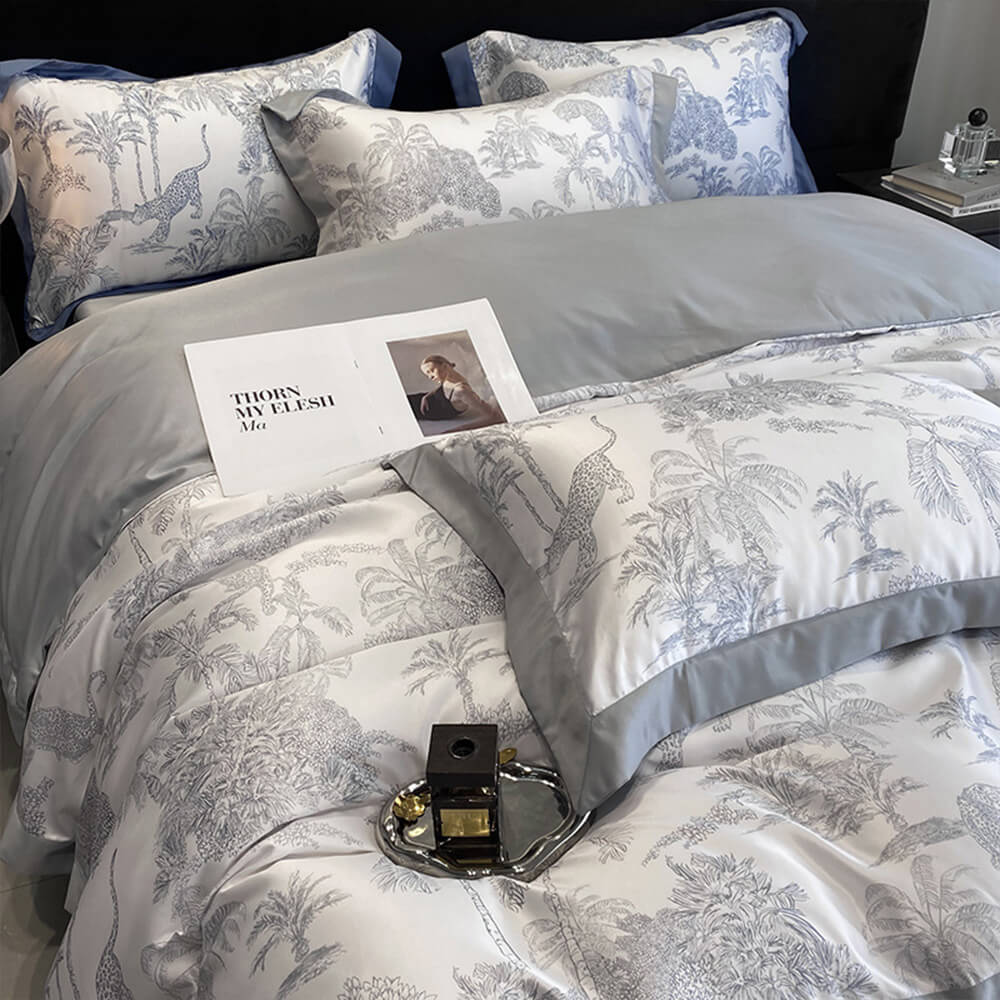 Elegant Toile Print Silky Cooling Duvet Cover Bed Sheet Set
