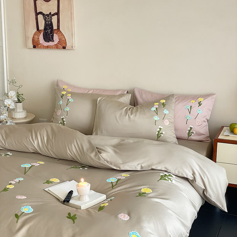 Romantic Floral Embroidered Brushed Cotton Duvet Cover Bed Sheet Set