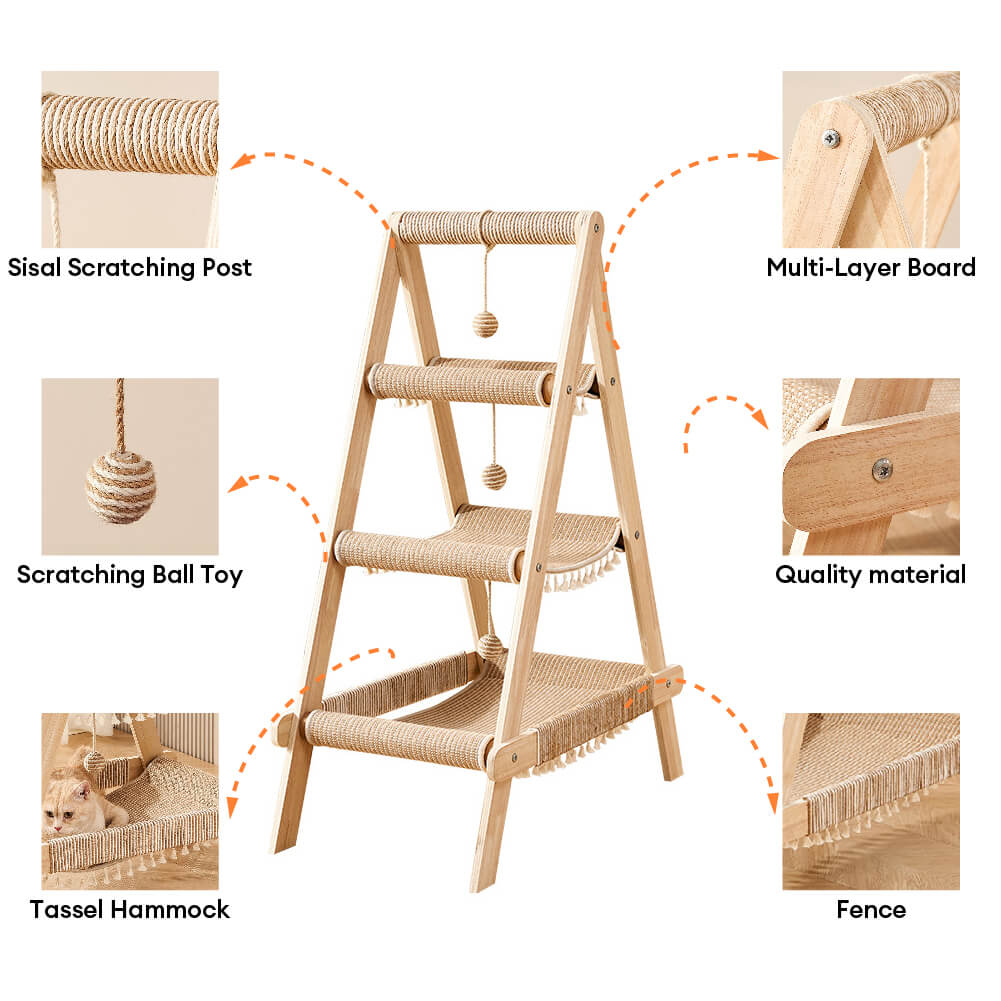 Servido trípode de madera Sisal 2-en-1 Cat Hammock Cat Árbol