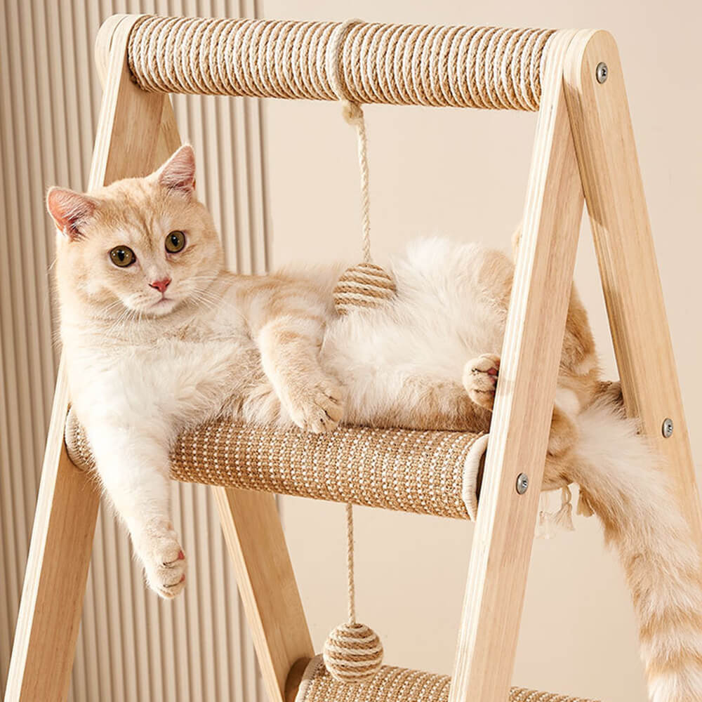 Servido trípode de madera Sisal 2-en-1 Cat Hammock Cat Árbol