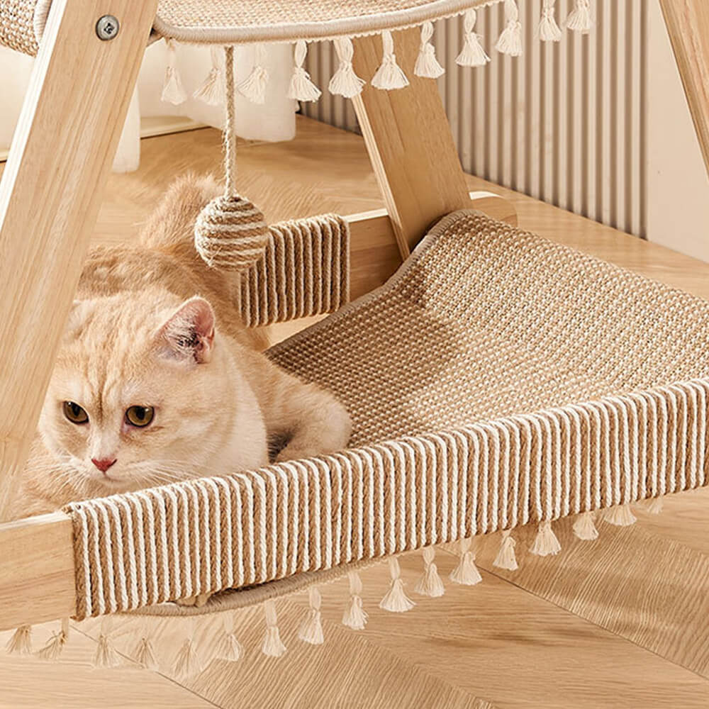 Servido trípode de madera Sisal 2-en-1 Cat Hammock Cat Árbol