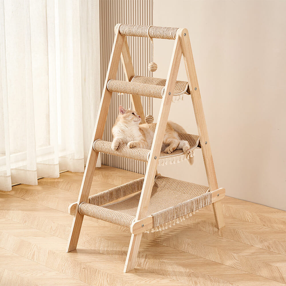 Servido trípode de madera Sisal 2-en-1 Cat Hammock Cat Árbol