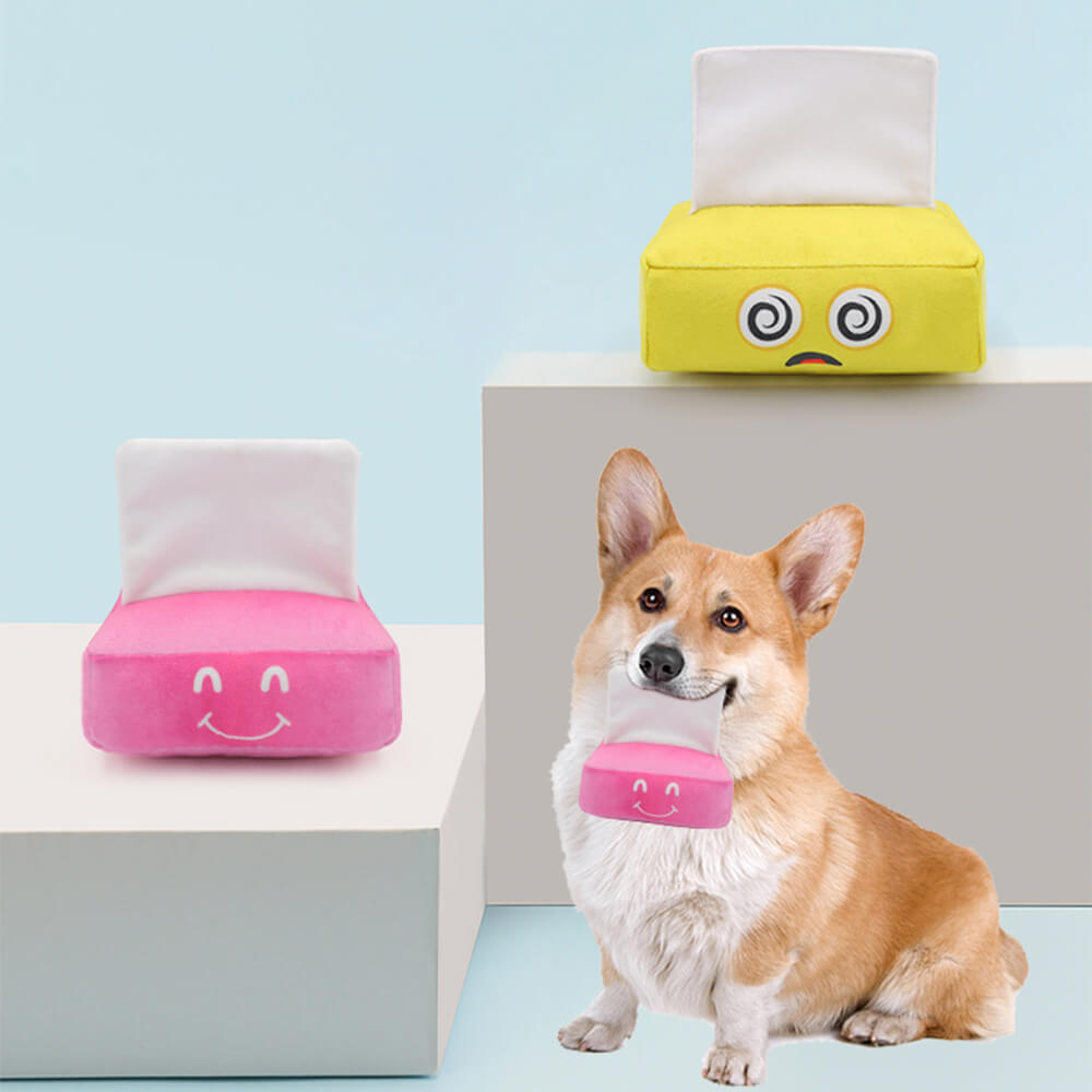 Juguete de perro de peluche interactivo de chirriador lavable de la caja de pañuelos