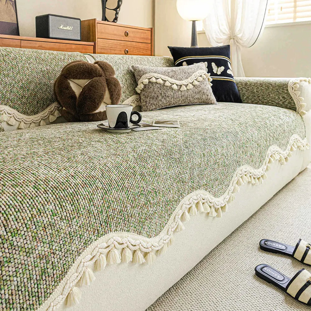 Chic Chenille Bouclé Non-Slip Couch Cover with Wavy Tassel Trim
