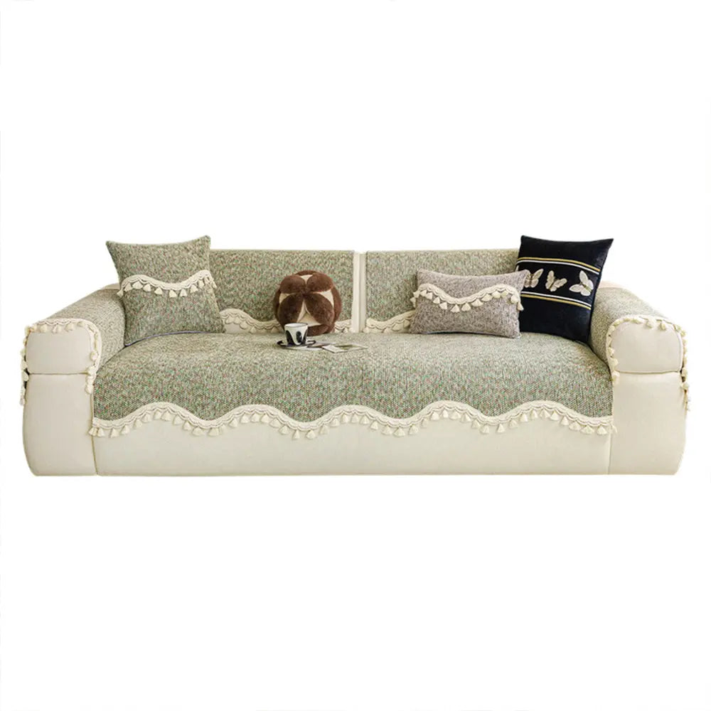 Chic Chenille Bouclé Non-Slip Couch Cover with Wavy Tassel Trim