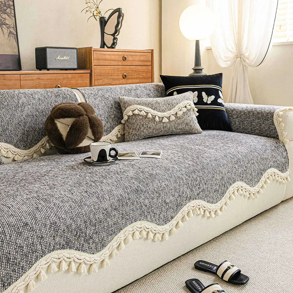 Chic Chenille Bouclé Non-Slip Couch Cover with Wavy Tassel Trim
