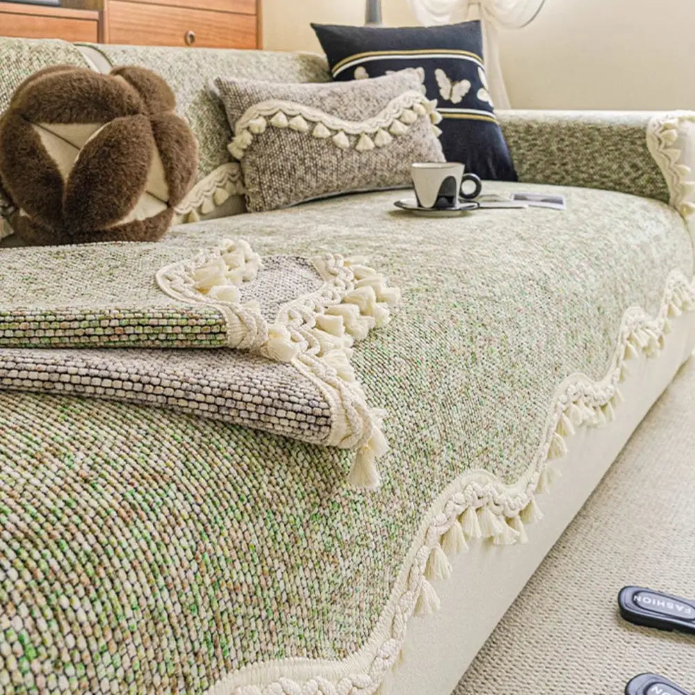 Chic Chenille Bouclé Non-Slip Couch Cover with Wavy Tassel Trim