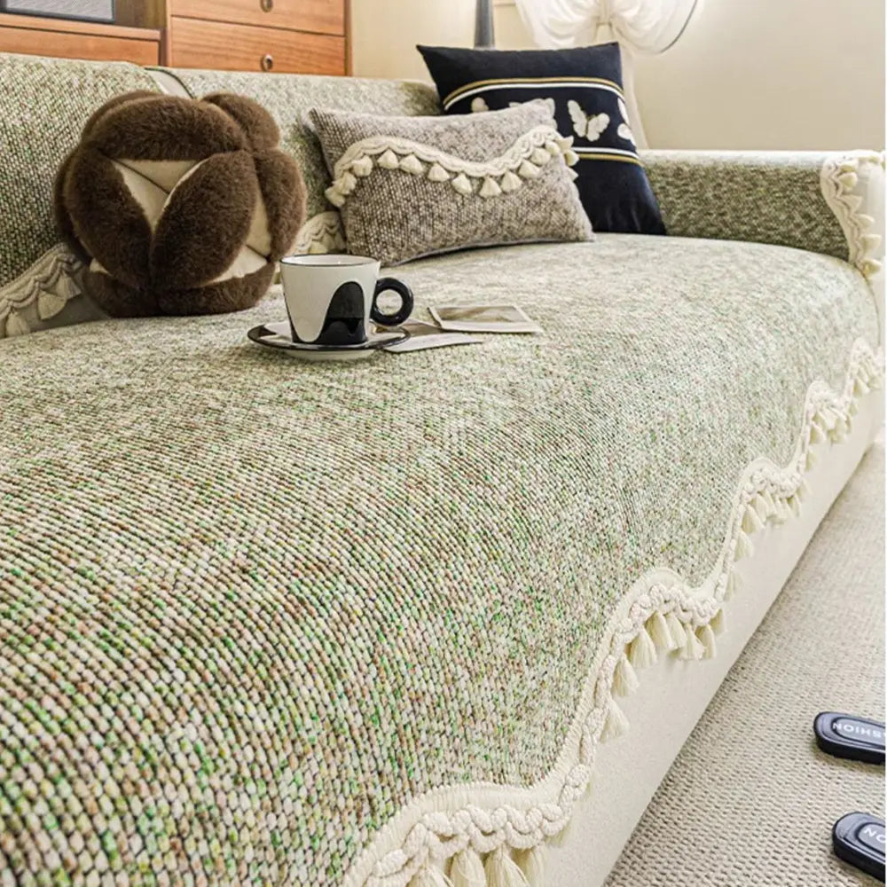 Chic Chenille Bouclé Non-Slip Couch Cover with Wavy Tassel Trim