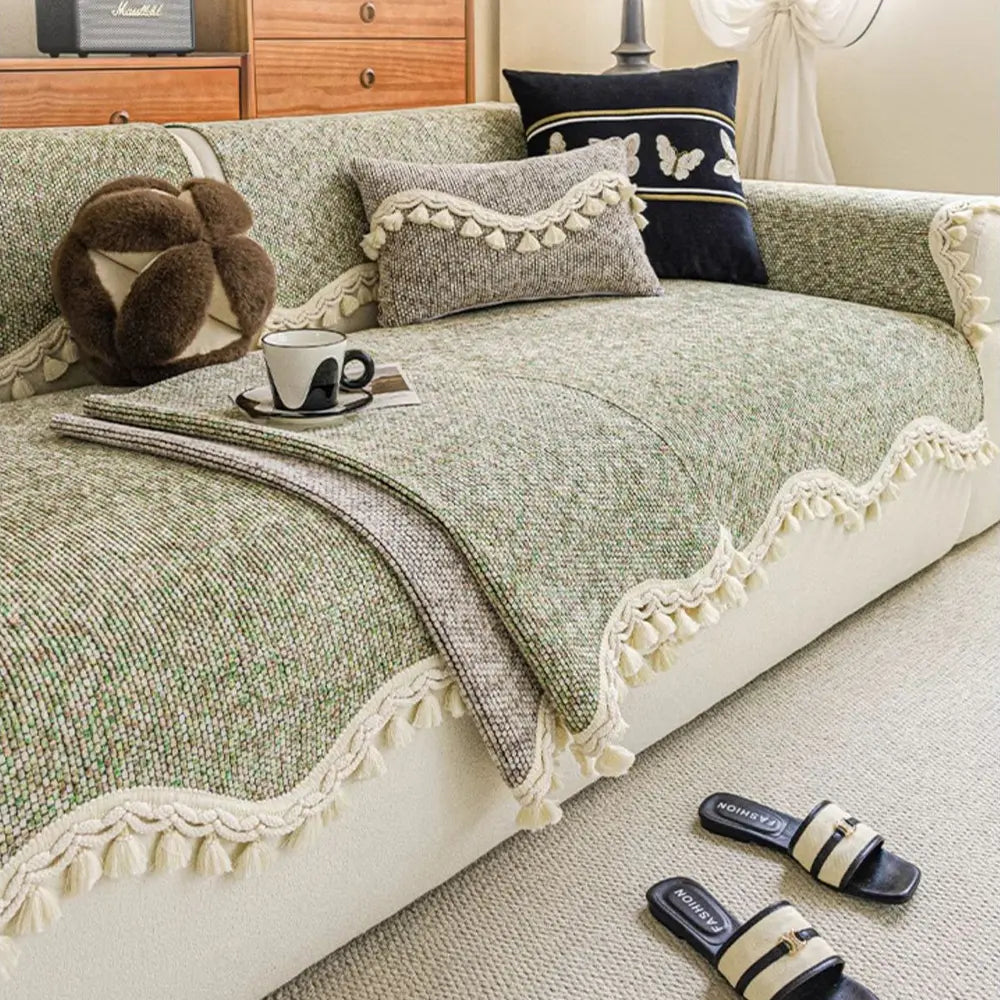 Chic Chenille Bouclé Non-Slip Couch Cover with Wavy Tassel Trim