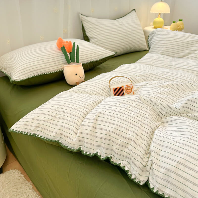 Striped Two-Tone Polyester Comfort Duvet Cover Bed Sheet Set