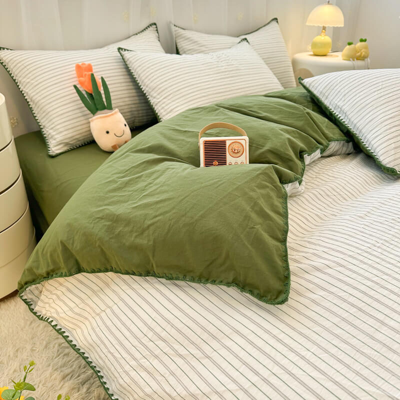 Striped Two-Tone Polyester Comfort Duvet Cover Bed Sheet Set