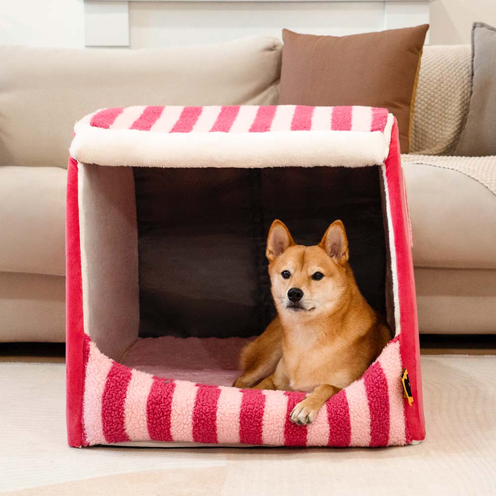 Cama de perros ortopédico de casa rayada de moda - acogedor escondite