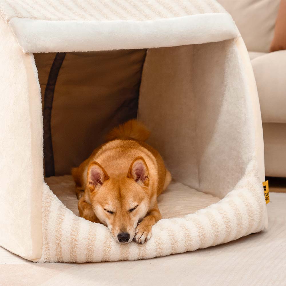Cama de perros ortopédico de casa rayada de moda - acogedor escondite