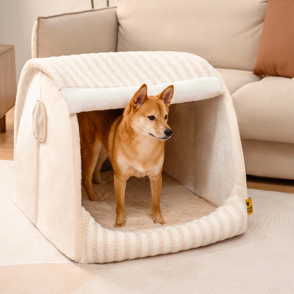 Cama de perros ortopédico de casa rayada de moda - acogedor escondite